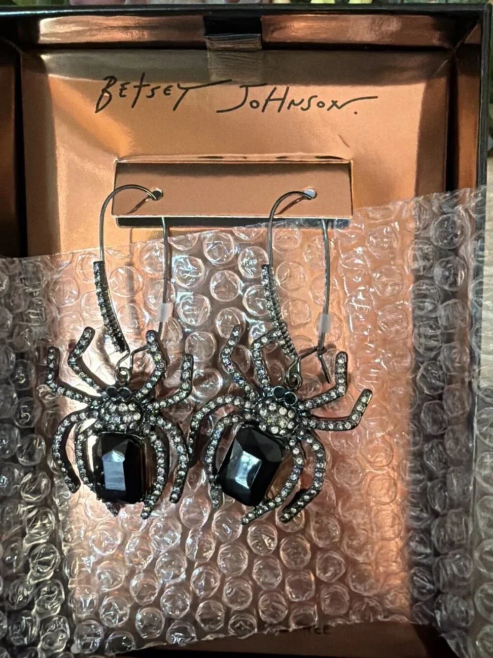 BETSEY JOHNSON Black Crystal Spider Shepherd Hook Earrings - NIB